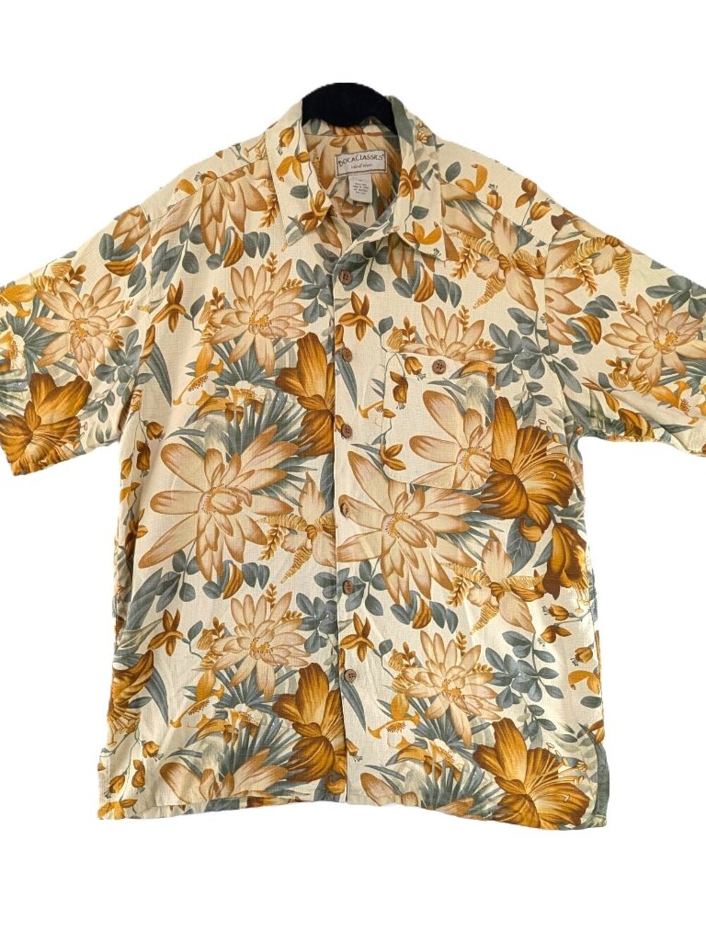 Boca Classics Silk Hawaiian Camp Shirt Mens Sz Medium Yellow Gold Resort Island